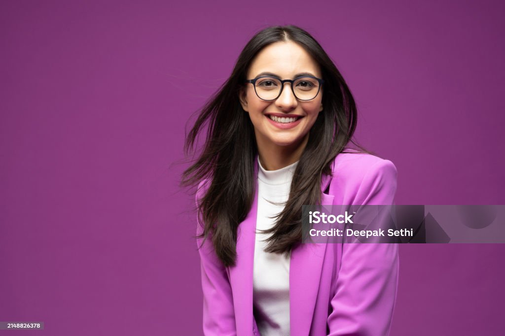 Portrait of her she nice well-dressed attractive lovely luxury pretty cheerful girl isolated purple background